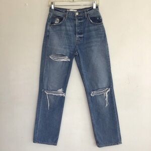 Reformation Women Acid Wash Blue Straight Jeans Size 26 with Vintage Distressing
